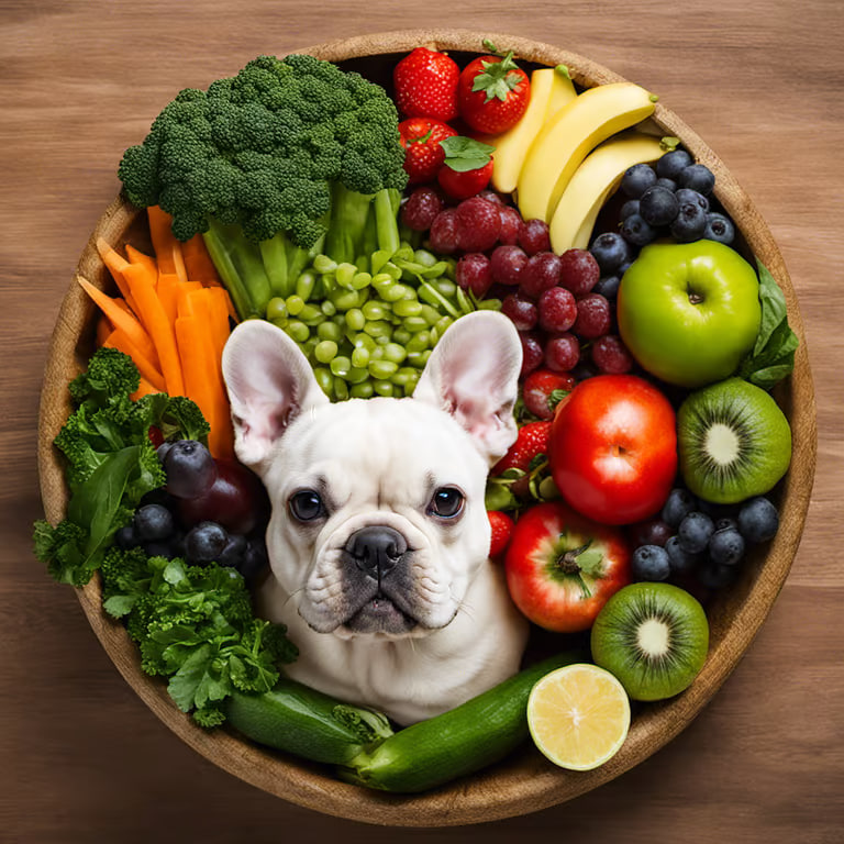 The French Bulldog is sitting amidst the fruits and vegetables.