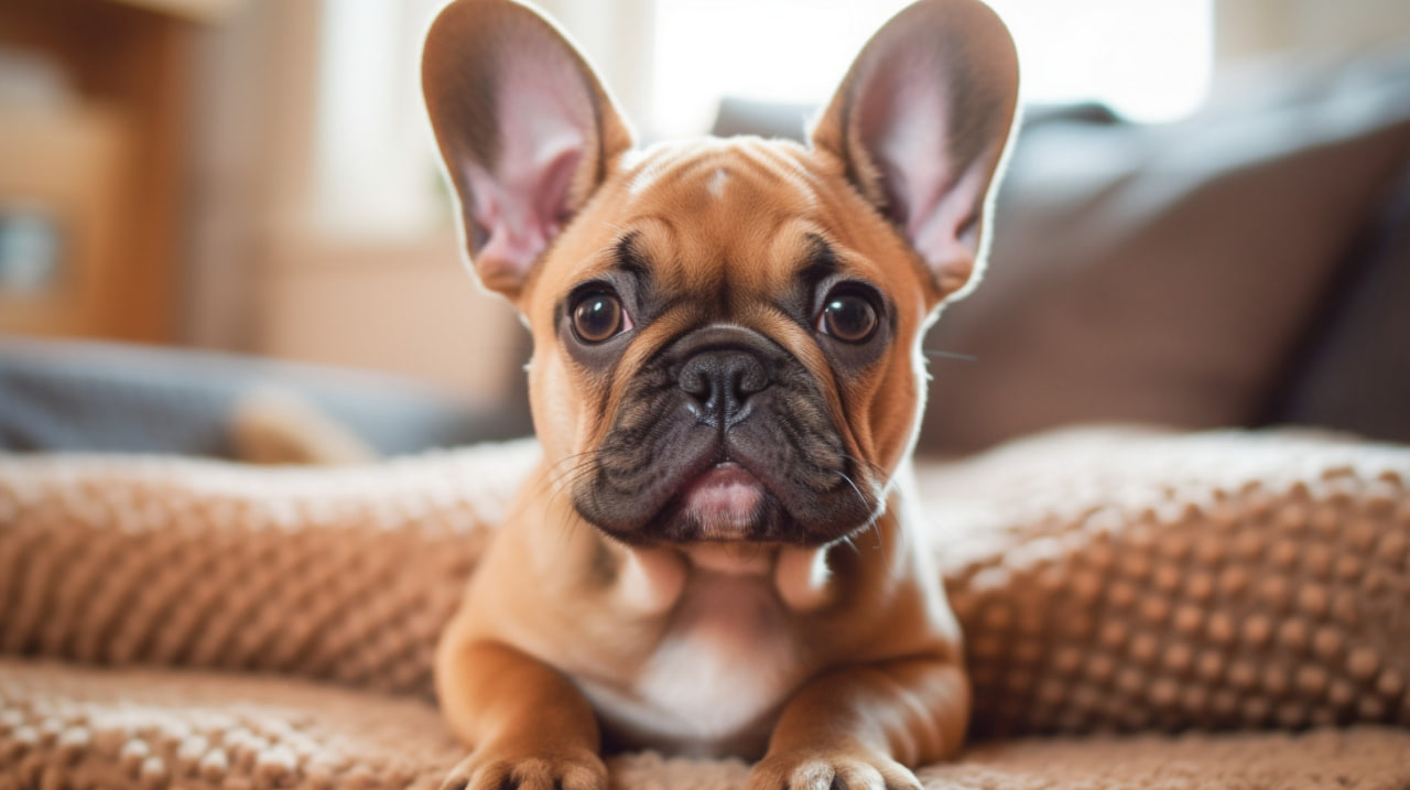 The French Bulldog is looking.